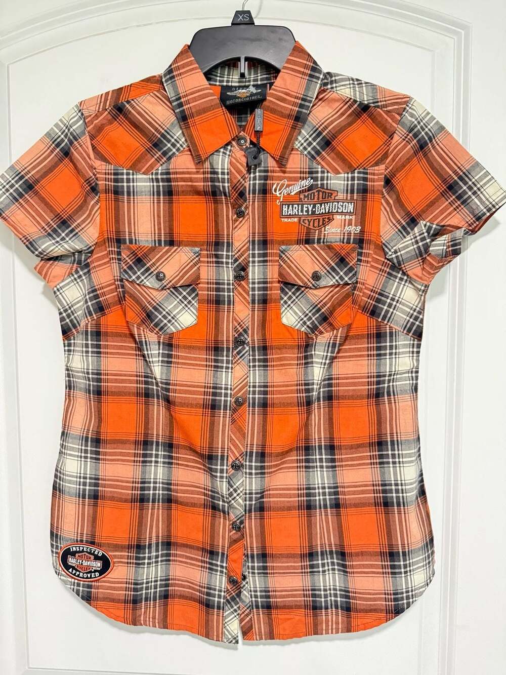 Harley Davidson Plaid Button Up Shirt Orange Y2K Biker Moto Western Small
